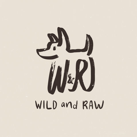 Stylized dog logo with 'W&R' and 'WILD and RAW' text.