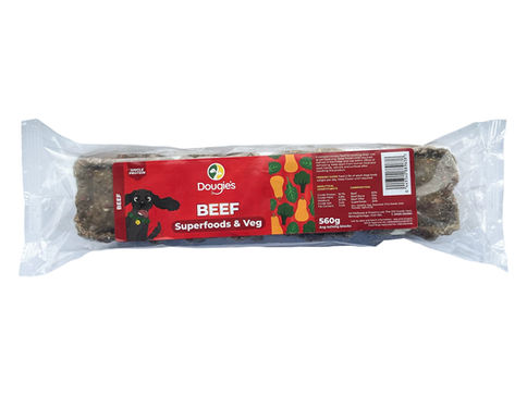 Beef dog food wrapped in plastic packaging, Douges Superfoods & Veg