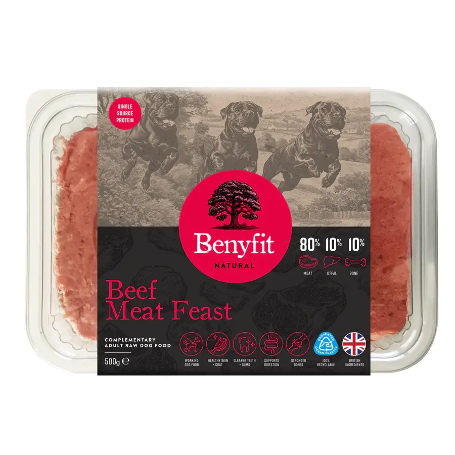 Benyfit Natural Beef Meat Feast with 80/10/10 ratio for dog food.
