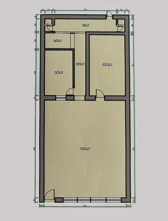 Floor plan with labeled room dimensions on beige background, thick black lines outline rooms, two doors indicated, green border.