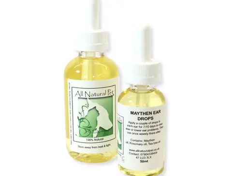 Two bottles of All Natural Tea and Maythen Ear Drops 50ml on white background.