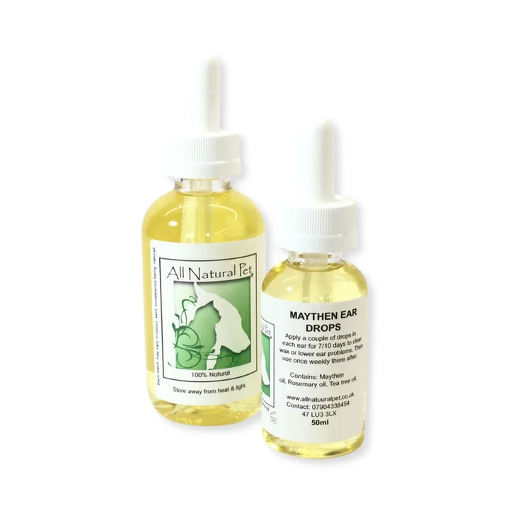 Two bottles of All Natural Tea and Maythen Ear Drops 50ml on white background.