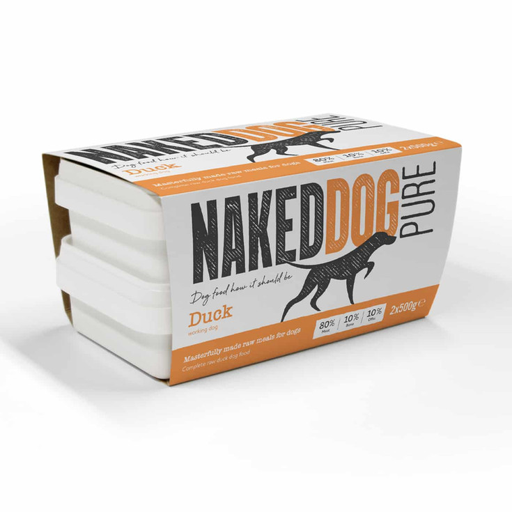 Naked Dog Pure Duck food packaging with dog silhouette, white background.