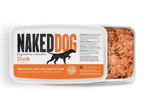 Naked Dog Duck raw meals for dogs, dog food, Masterfully made raw meals.