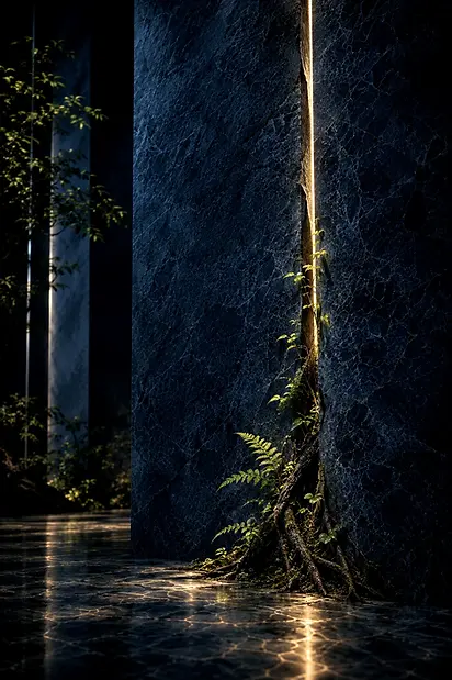 Roots, ferns, and small leaves emerge from a gold-lit opening between monumental deep blue stone walls.