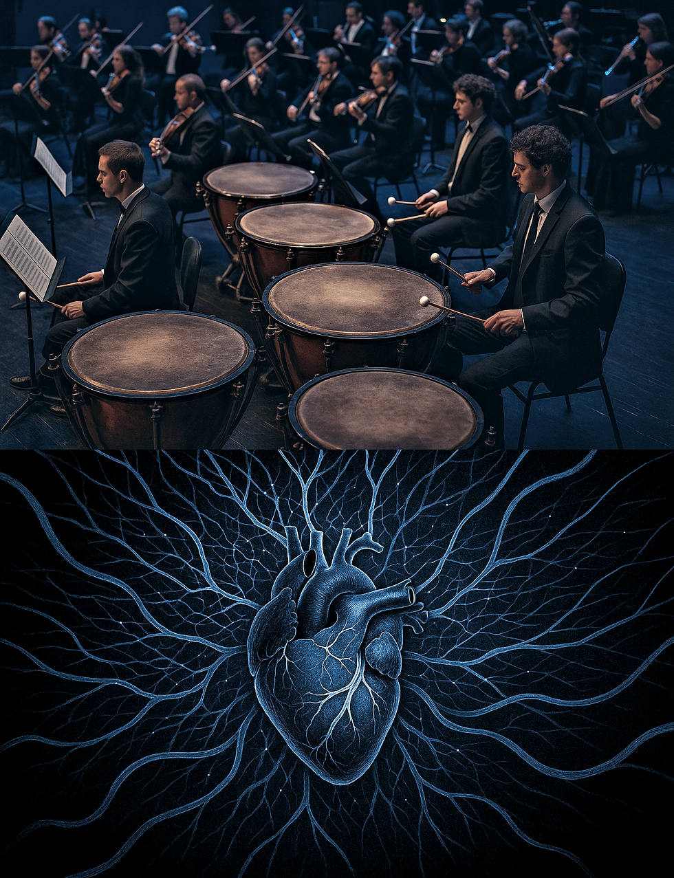 Timpani players keeping the heartbeat of the orchestra, layered with a glowing heart illustration representing the flow of circulation.
