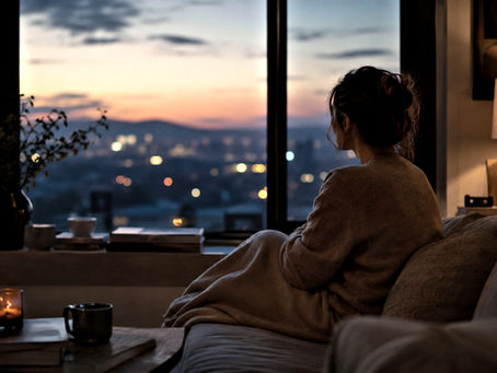 Person sitting quietly near a large window at dusk in a softly lit modern interior, reflecting the unfinished stillness and unresolved pacing explored in the article “When Nothing Fully Lands.”