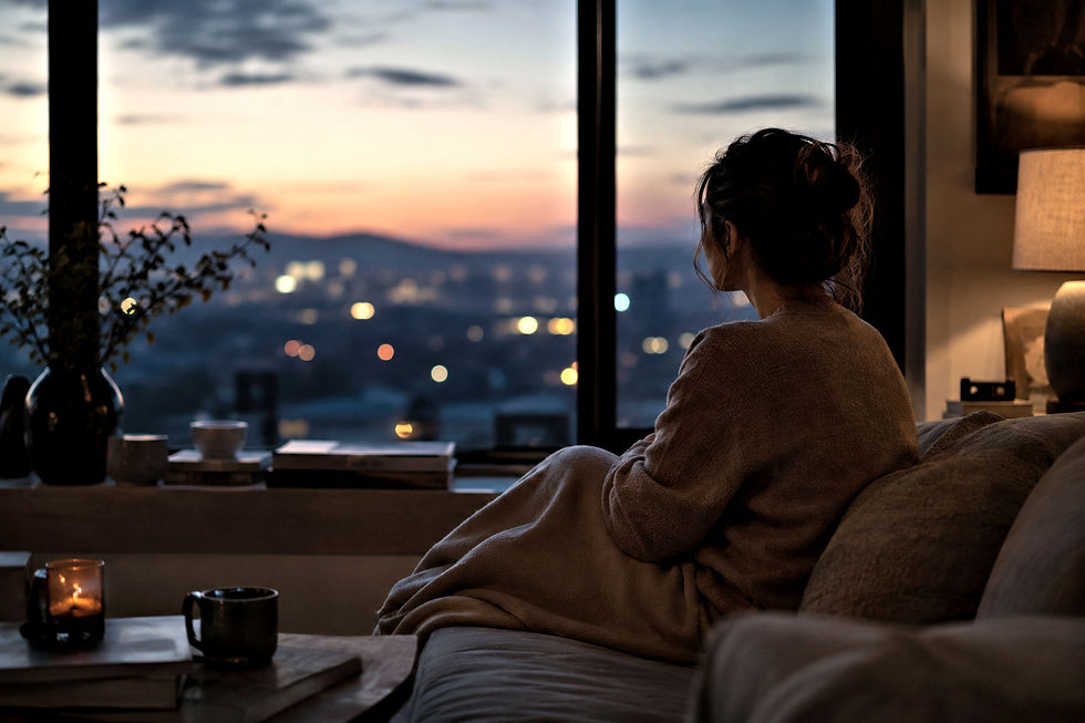Person sitting quietly near a large window at dusk in a softly lit modern interior, reflecting the unfinished stillness and unresolved pacing explored in the article “When Nothing Fully Lands.”