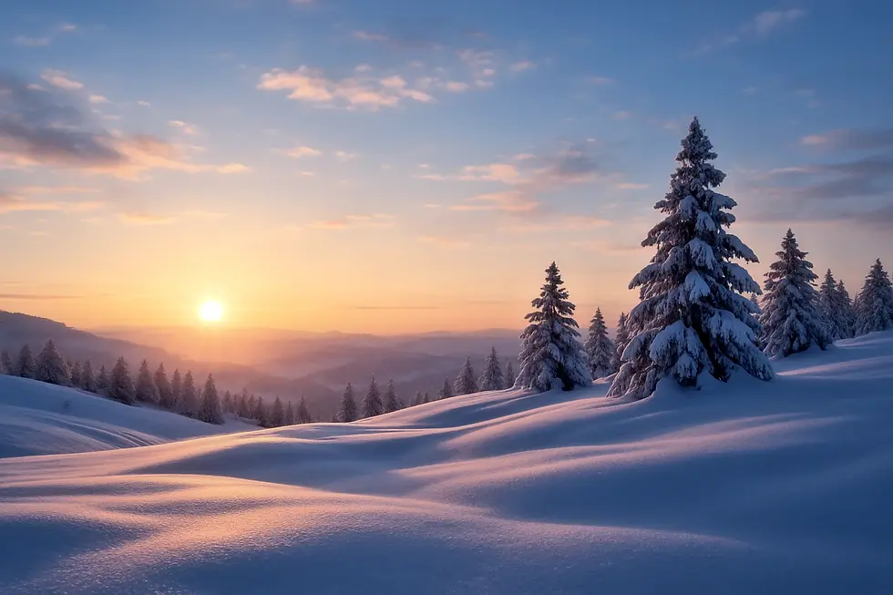 Peaceful snowy landscape at sunrise, symbolizing reflection, seasonal transition, and tuning into the body’s needs.