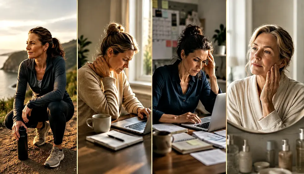 Vertical four-panel collage showing common situations that lead people to explore LED Red Light Therapy: an active woman recovering outdoors after exercise, a person working at a computer with neck discomfort, a busy professional managing stress and fatigue, and a mature woman reflecting on age-related skin changes in a mirror.