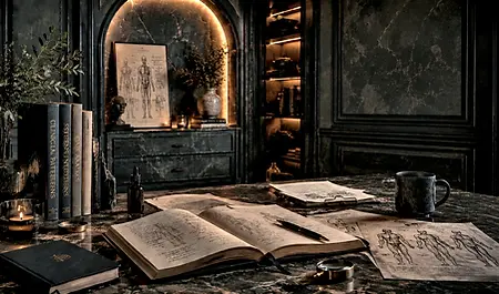 Anatomy books, clinical notes, sketches and a magnifying glass arranged in a dark research study room.