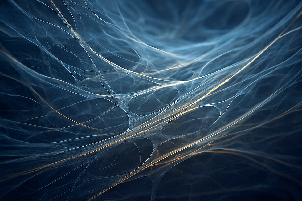 Macro visualization of fascia-like translucent fiber networks with soft blue and gold lighting, showing delicate interconnected strands inspired by collagen and light pathways.