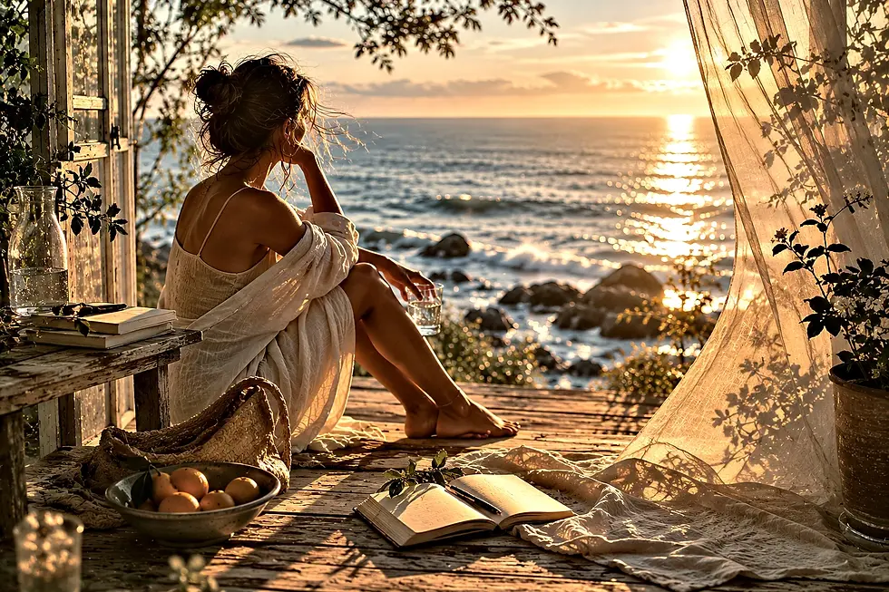 Woman sitting barefoot near the ocean at sunset wrapped in soft fabric with journal, water glass, and warm golden summer light surrounding her.