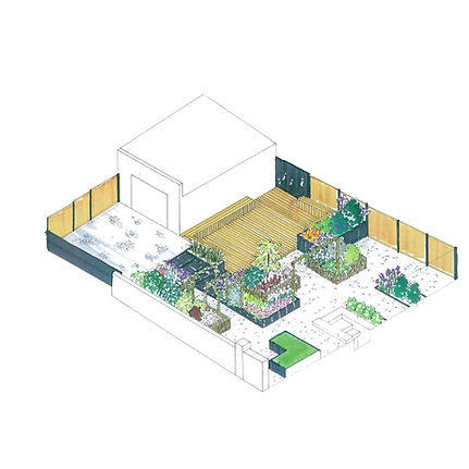 plan d'un aménagement de jardin avec terrasse en bois, claustras en bois et poteaux aluminium, panneau décoratif en aluminium découpé, jardinières en granit
