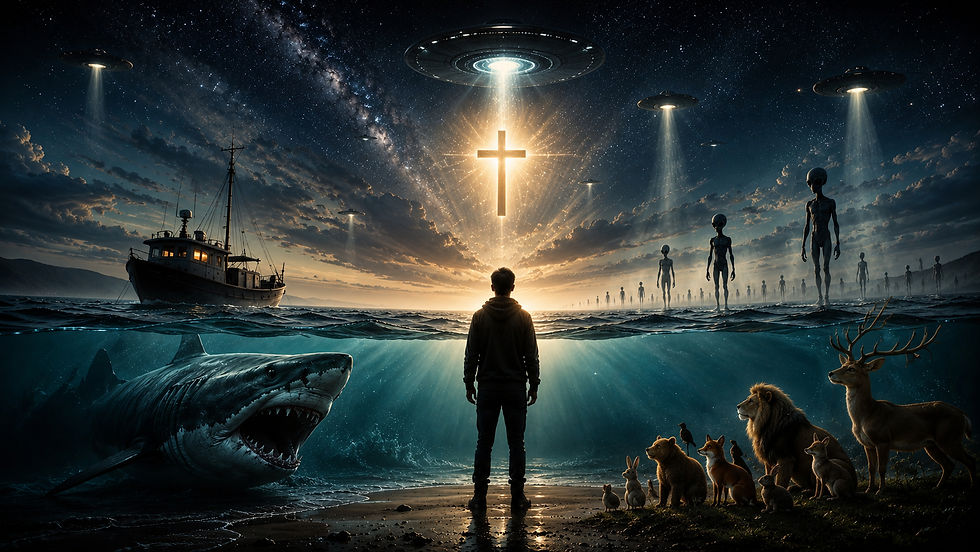A man stands before a cross of Christ, Aliens, Jaws, and Aliens posing as Animals in a dramatic image of Spielberg's 50 years of persuading audiences through films.