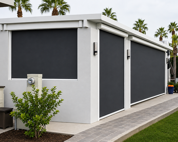 modern patio with three solar screens on them 