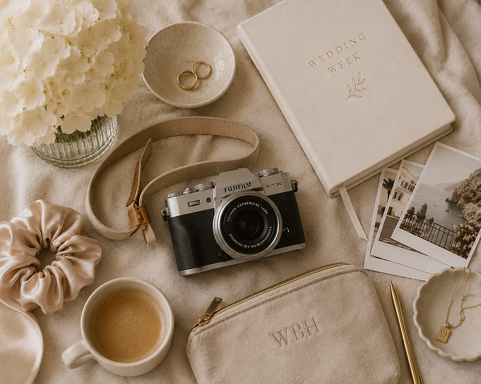 A camera and jewllery on a brides wedding day