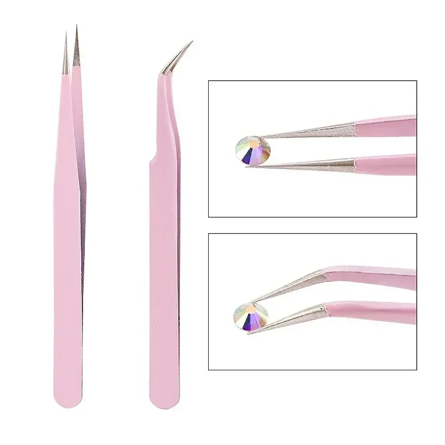 Pink stainless steel straight and curved tweezers set