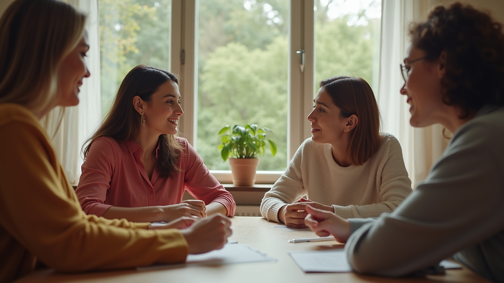 Eye-level view of a cozy community meeting space with women gathered around a table