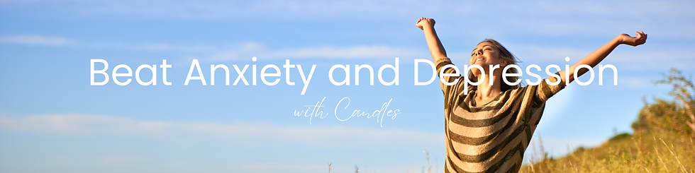 Woman in striped shirt joyfully raises arms in a grassy field under a blue sky. Text reads: Beat Anxiety and Depression with Candles.