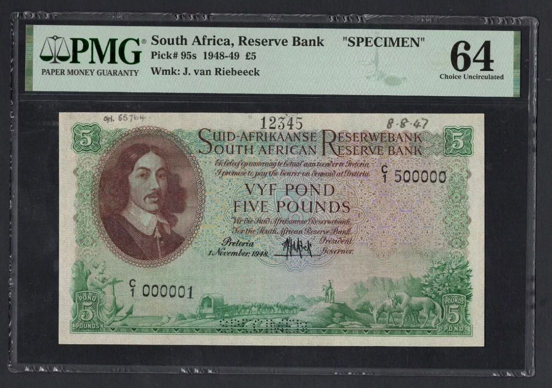 S. Africa (Reserve Bank): 1948 MH De Kock 5 Pound Specimen PMG MS64