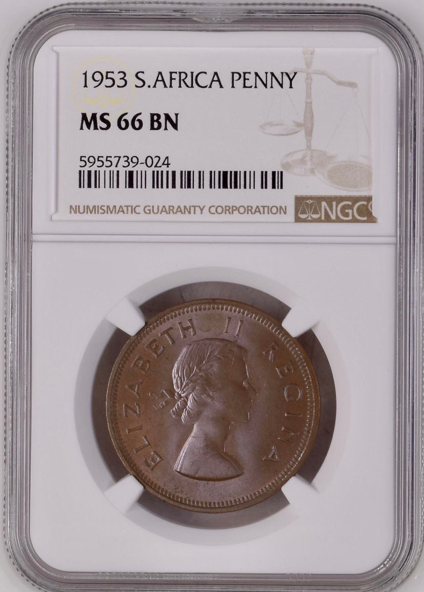 S. Africa: 1953 QEII 1 Penny NGC Certified MS66BN