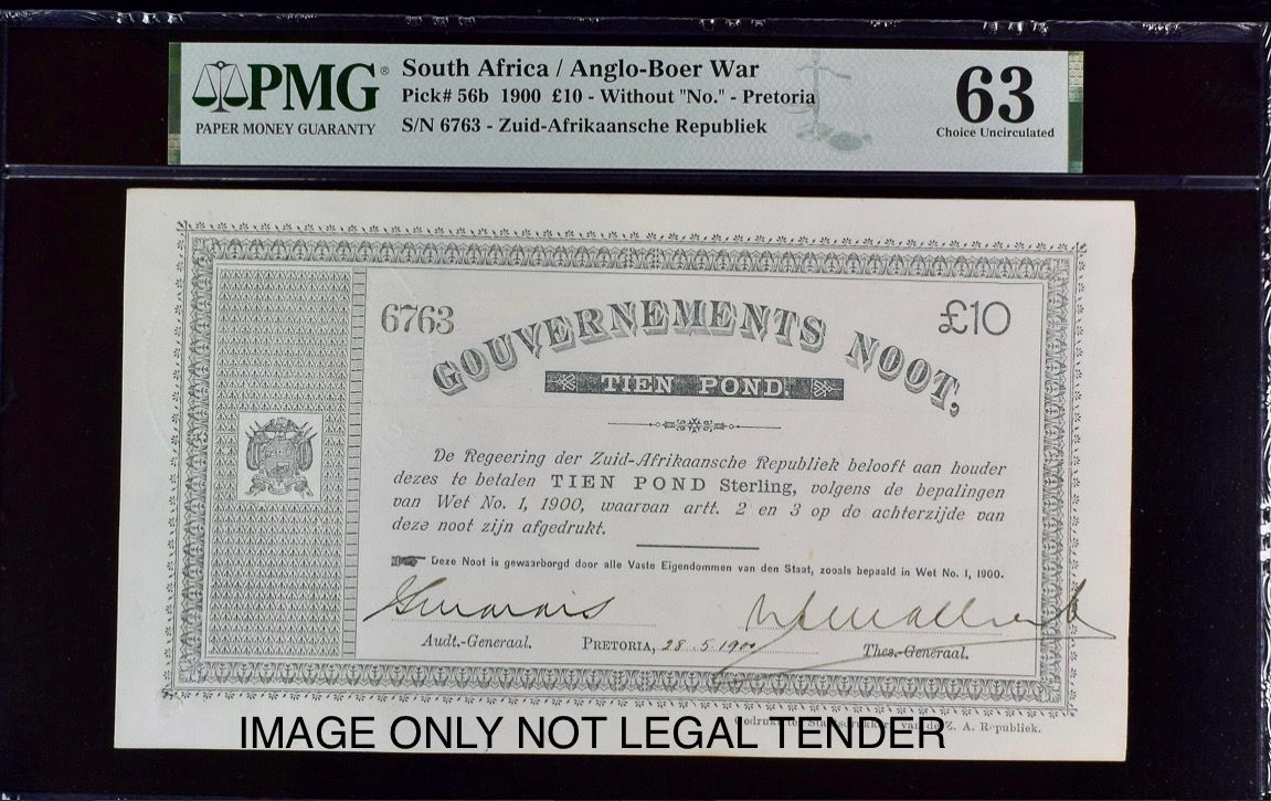 S. Africa (Pre-Reserve Bank): 1900 ZAR Pretoria 10 Pounds PMG Certified UNC 63