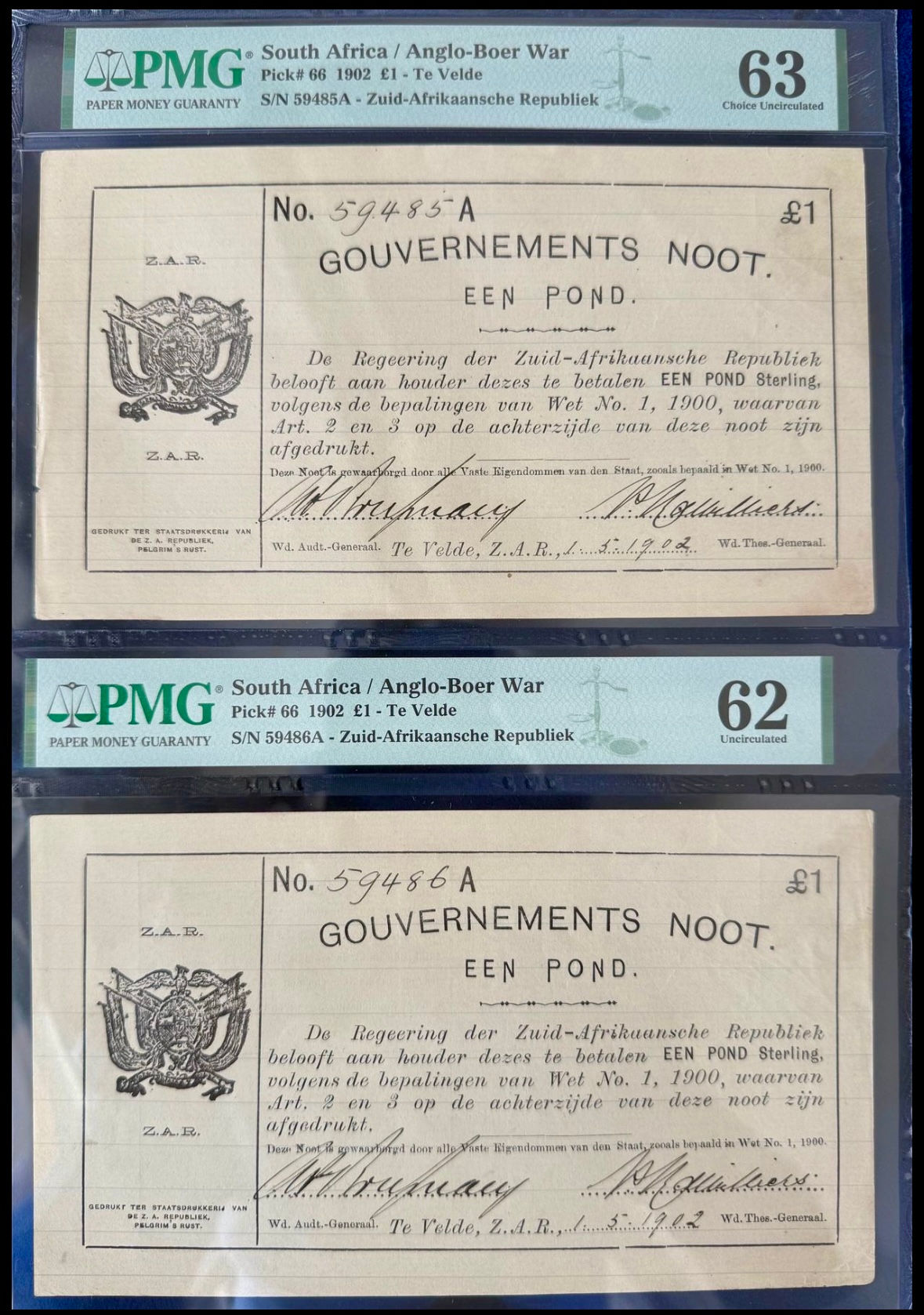 S. Africa (Pre-Reserve Bank): 1902 Te Velde 1 Pound Pair PMG Certified MS62&63