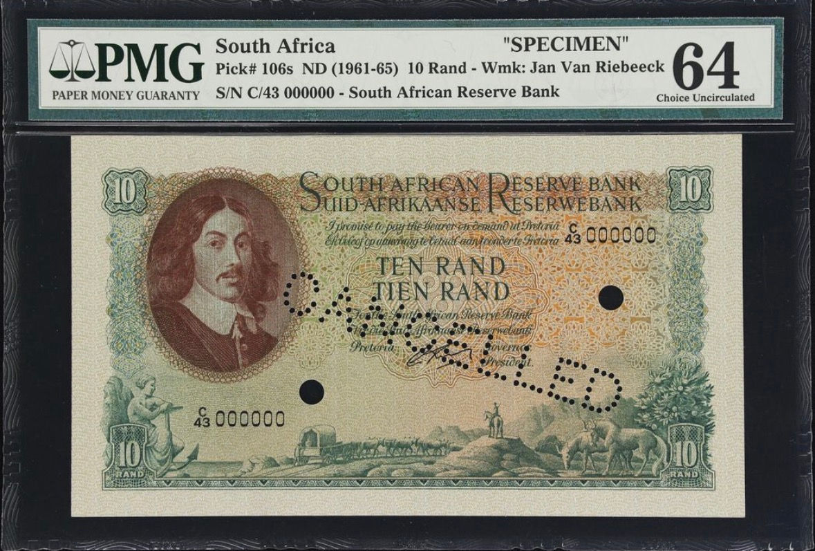 S. Africa (Reserve Bank): 1961 G. Rissik R10 Specimen PMG CU64