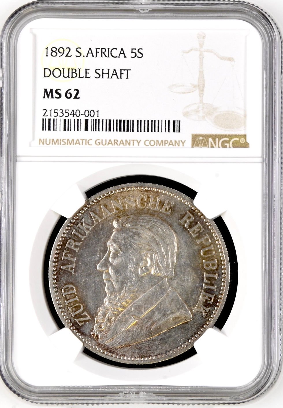 S. Africa: 1892 ZAR Double Shaft 5 Shillings (Crown) NGC Certified MS62