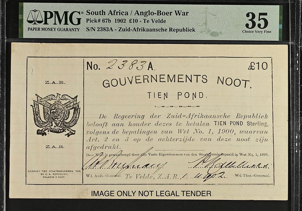 S. Africa (Pre-Reserve Bank): 1902 ZAR Te Velde 10 Pounds PMG Certified VF35