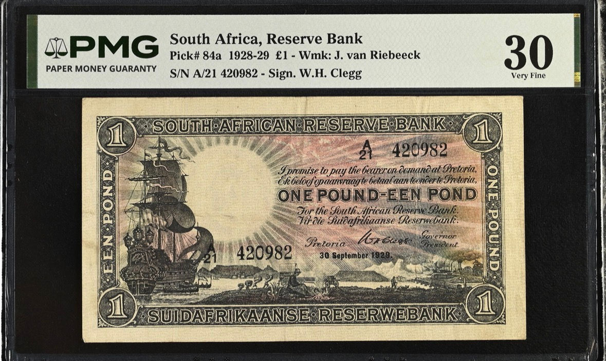 S. Africa (Reserve Bank): 1929 WH. Clegg 1 Pound PMG Certified VF30 (Top Pop)
