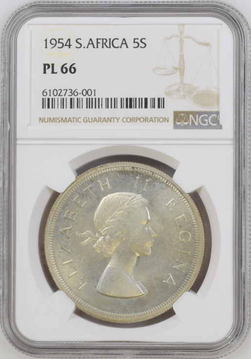 Thumbnail: S. Africa: 1954 QEII 5 Shillings NGC Certified PL66