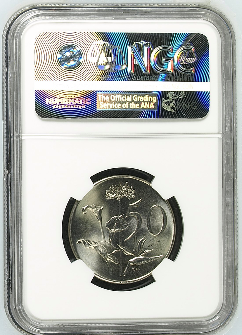 Thumbnail: S. Africa: 1965 Afrikaans 50C NGC Certified MS65