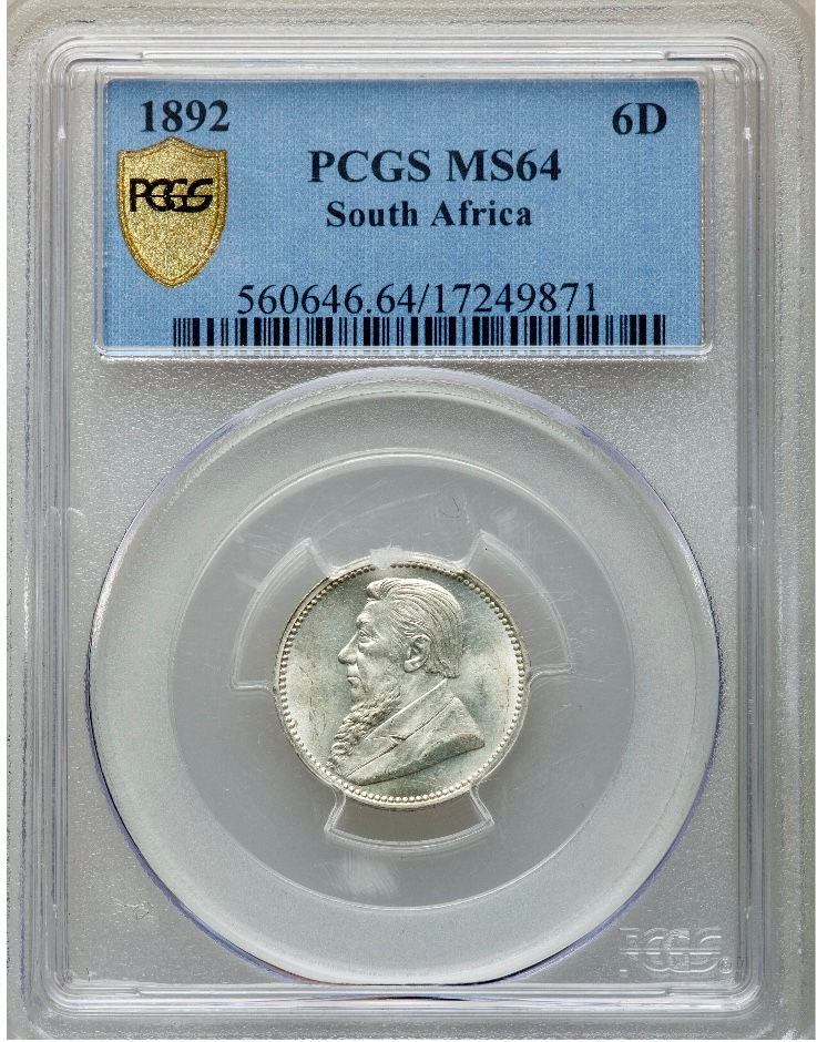 S. Africa: 1892 ZAR 6D (Sixpence) PCGS Certified MS64