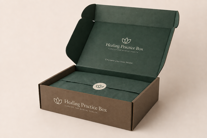 Example brown and green wrapped package with Healing Practice Box branding