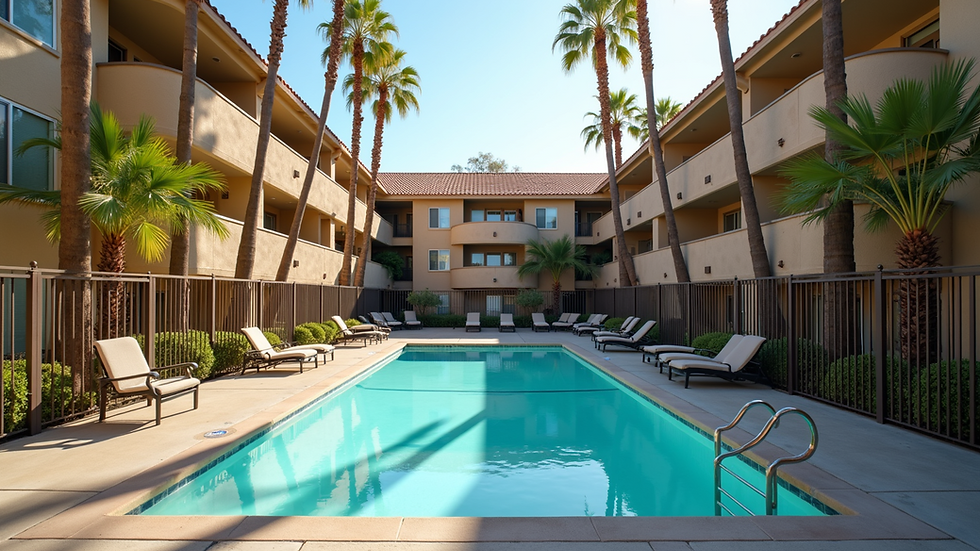 High angle view of a San Diego apartment complex with swimming pool