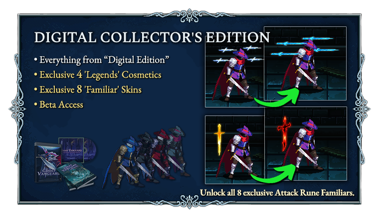 Digital Collector's Edition includes cosmetics, skins, and beta access. Features characters with colorful outfits, swords, and glowing runes.