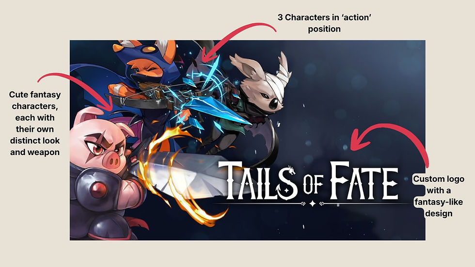 Promotional art of three cute fantasy characters with weapons around the title Tails of Fate on a dark blue background.