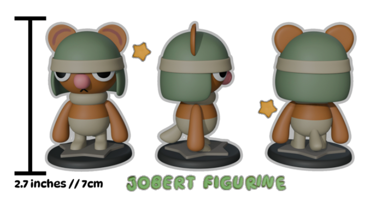 Cartoonish bear figurine in army green helmet, shown in three views. Two stars float near it. Text reads "Jobert Figurine" and "2.7 inches//7cm".