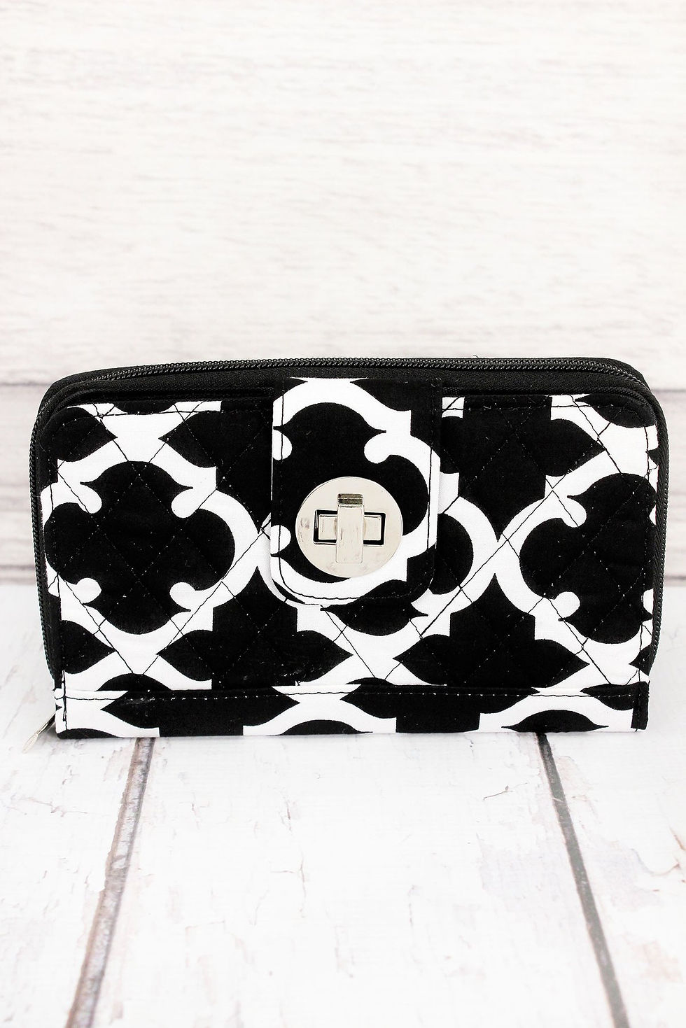 NGIL Black Moroccan Geometric Quilted Organizer Clutch Wallet