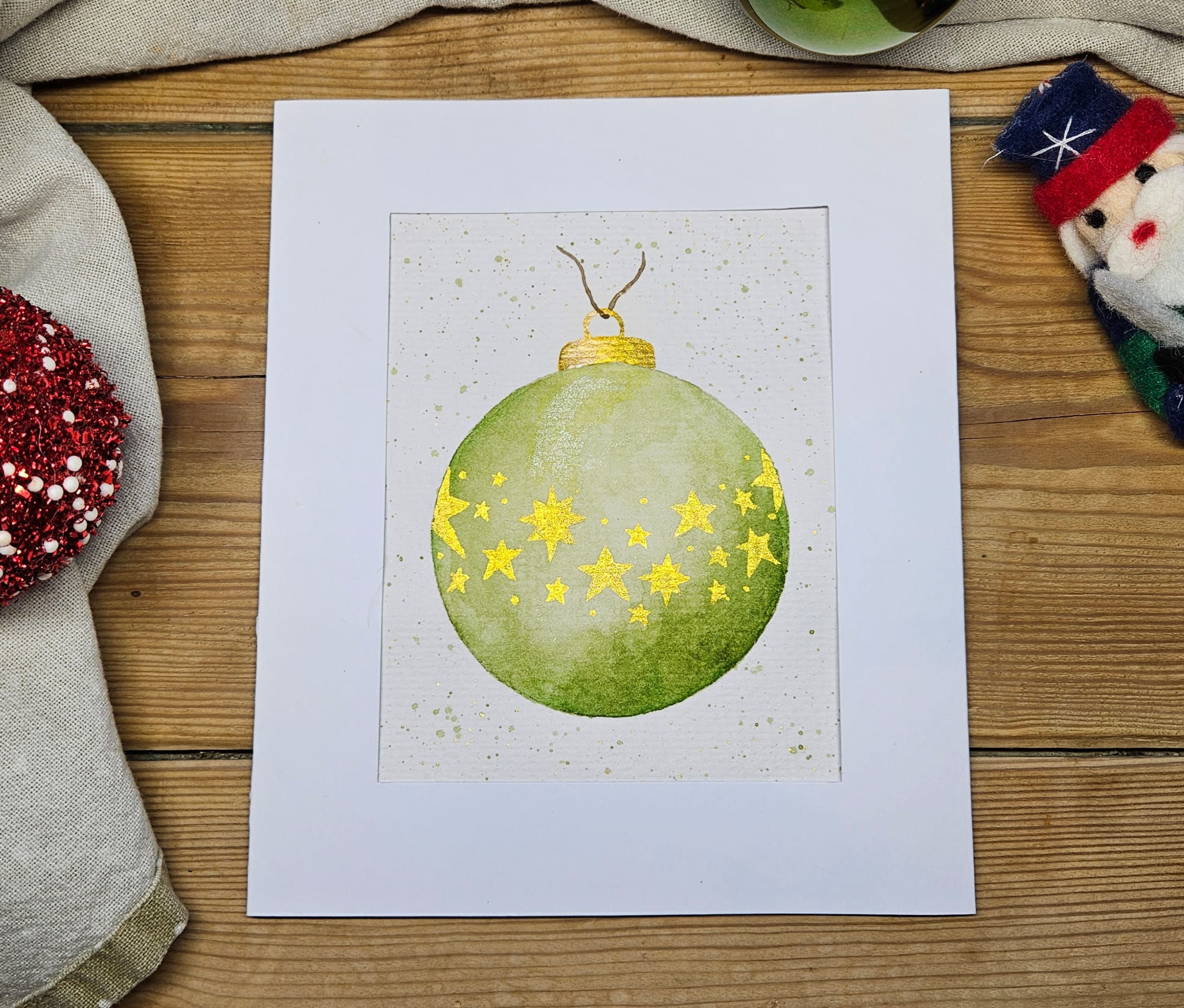 Hand Painted Watercolour Christmas Card - Single - Bauble