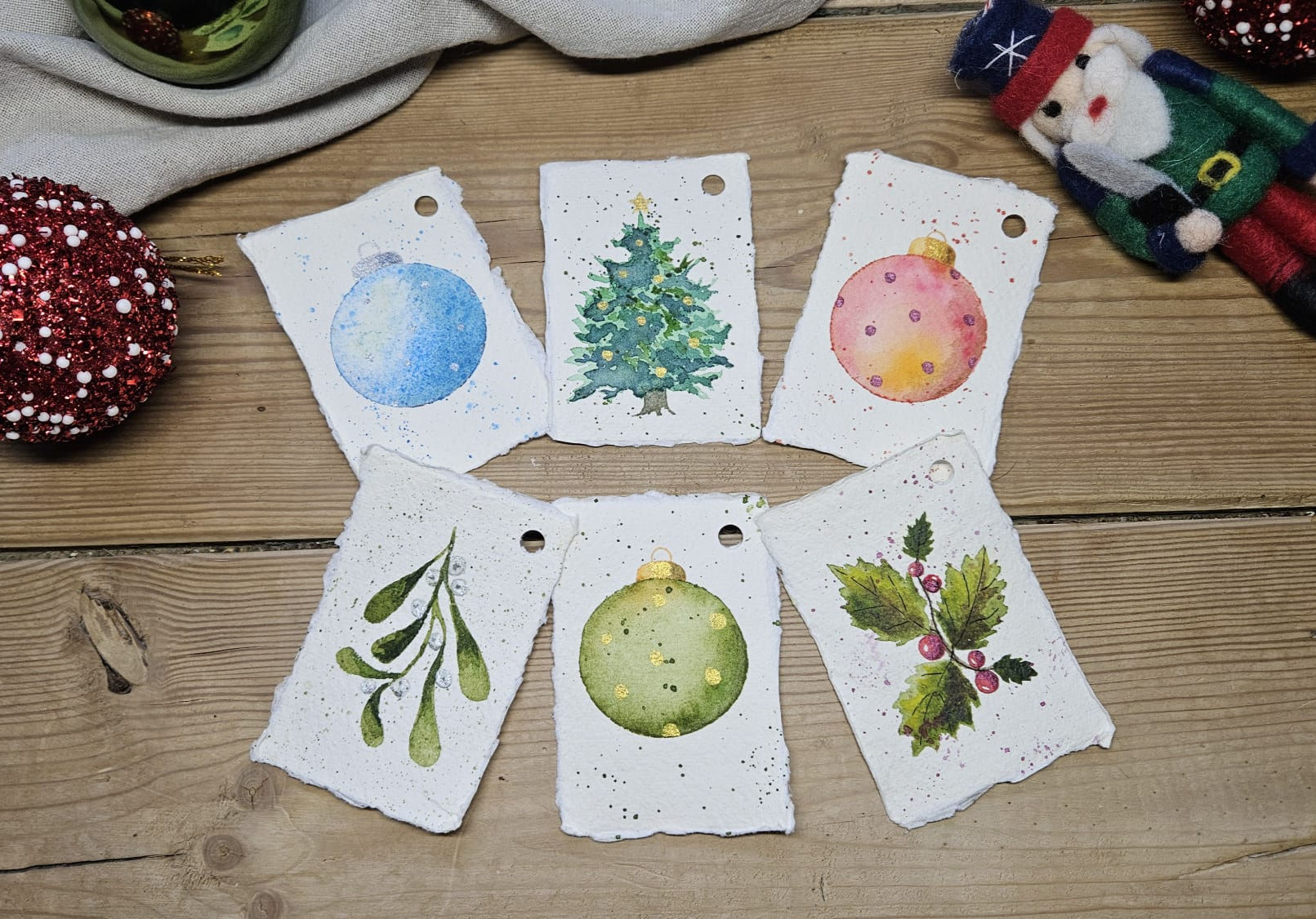 Hand Painted Watercolour Gift Tags - Set of Six Christmas Designs