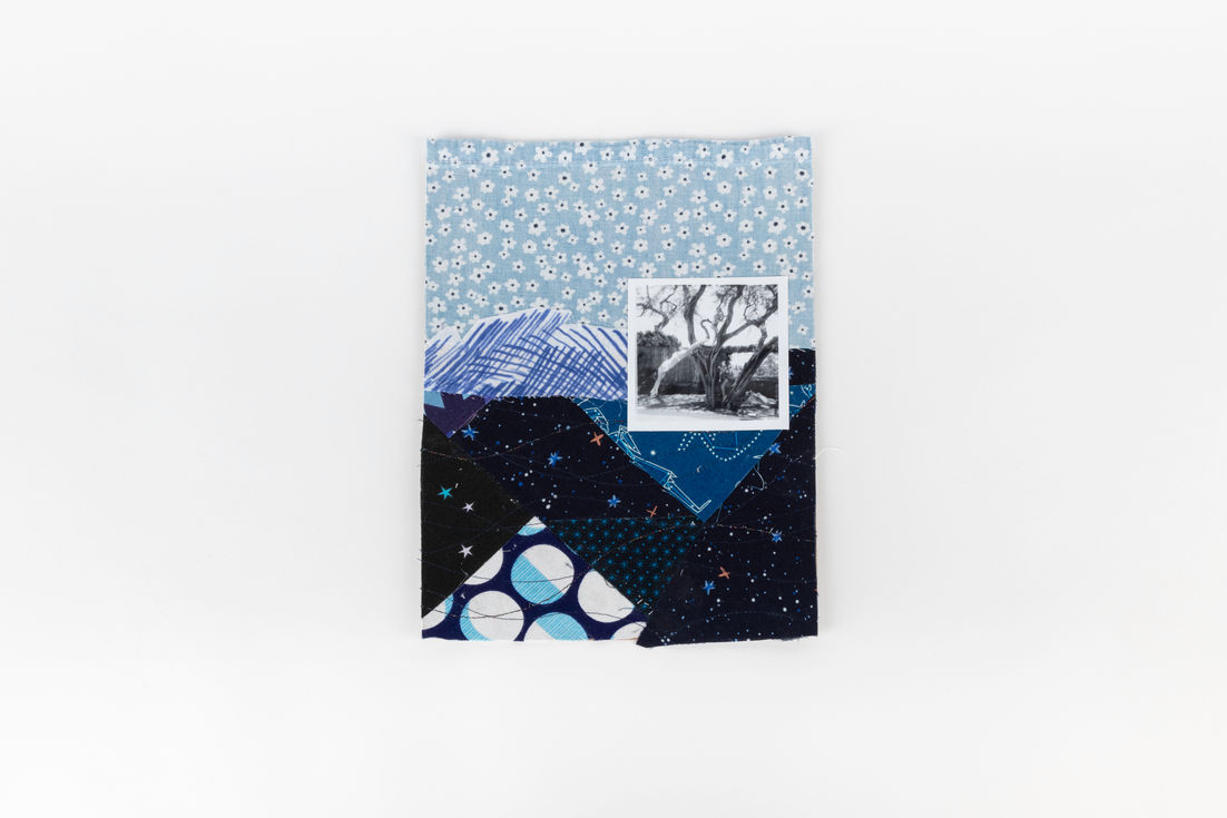 Textile piece made of fabric containing different shades of blue and blue patterns. A photo from the 1960s is on top, picturing a young woman diving into a pool.