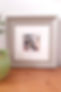 Framed photo-realistic picture of a tiger's eye in a muted green frame, stood on a table