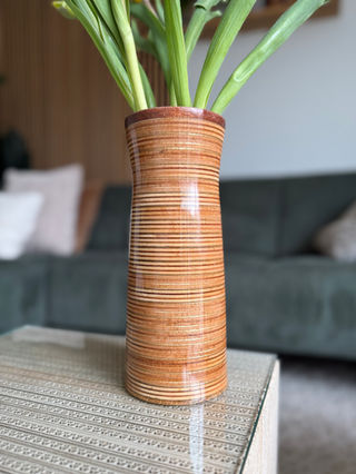 Close up vaas multiplex met bruine rand en groen stengels van tulpen