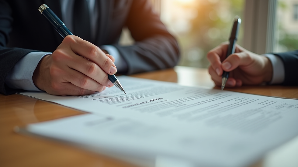 Close-up view of a contract signing on a wooden table