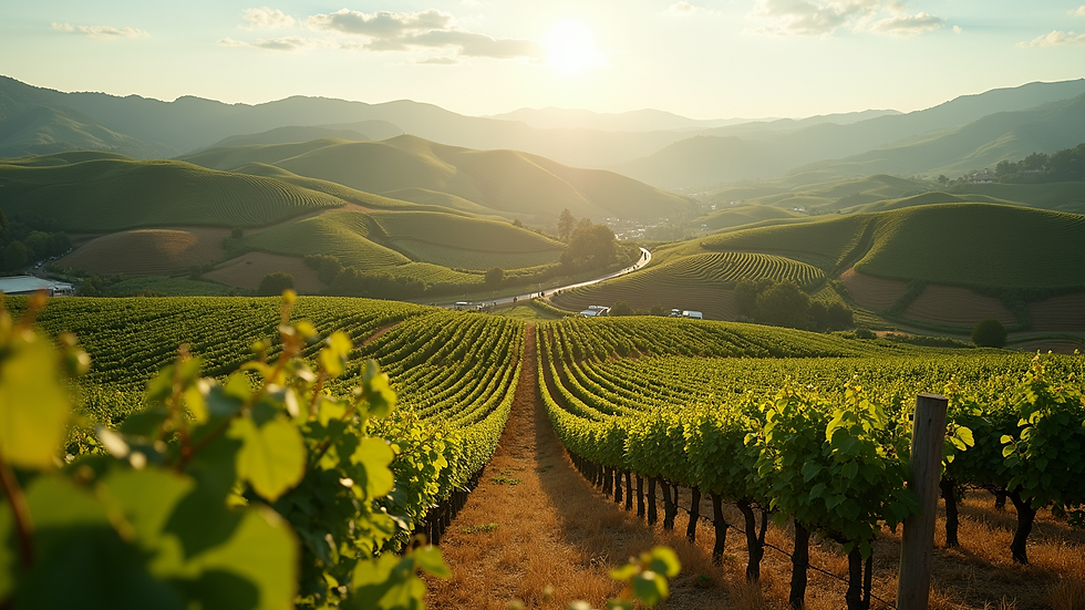 High angle view of a scenic vineyard landscape with rolling hills