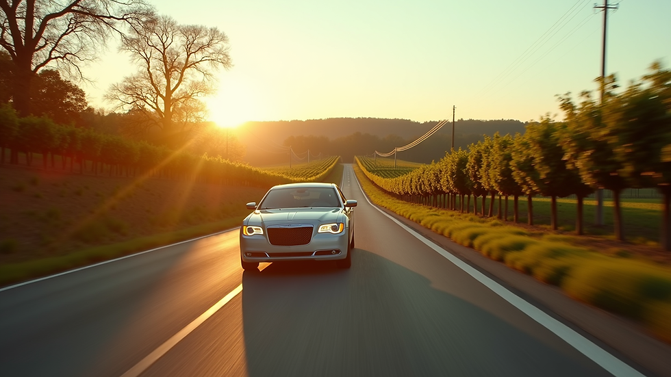 Eye-level view of a limousine driving along a scenic vineyard road in Maryland