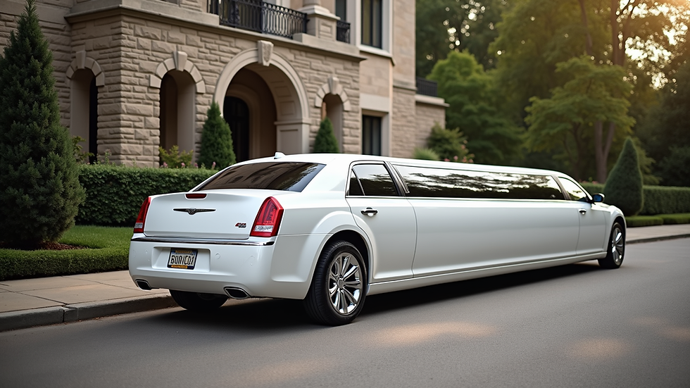 Close-up view of a white stretch limousine parked outside a wedding venue